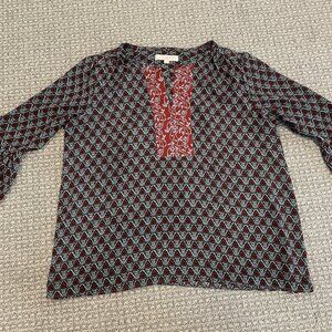 Loft Shirt  Womens L Tunic Boho Bell Sleeve Abstract Vneck Top Blouse Floral Red